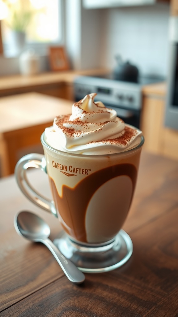 A sweet coffee drink with whipped cream on top in a cozy kitchen setting.